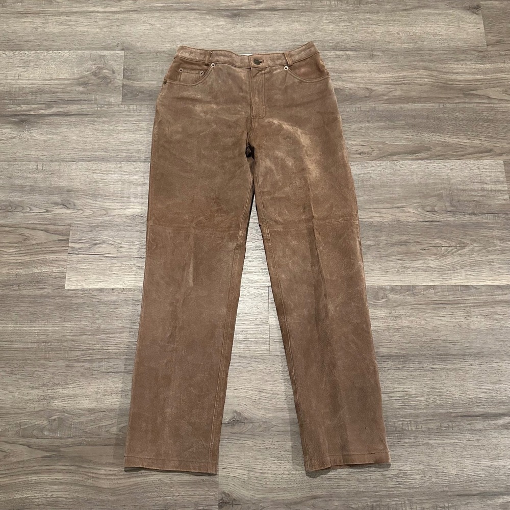 Vintage Bagatelle Brown Suede Leather Pants Women's Size 2P Petite Straight Leg